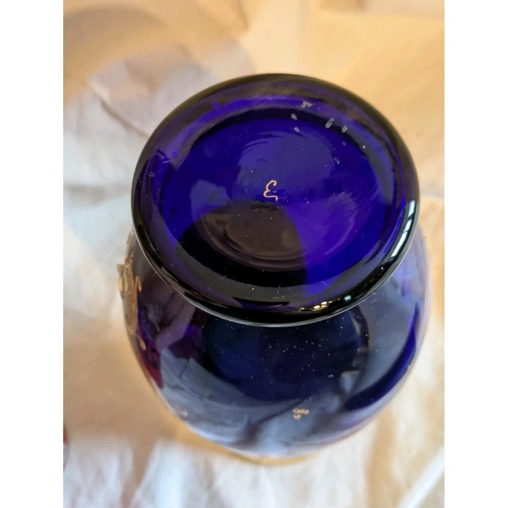 Vintage Cobalt Blue Bohemian Czech Crystal Vase Flowers 24kt Gold 10 in Tall